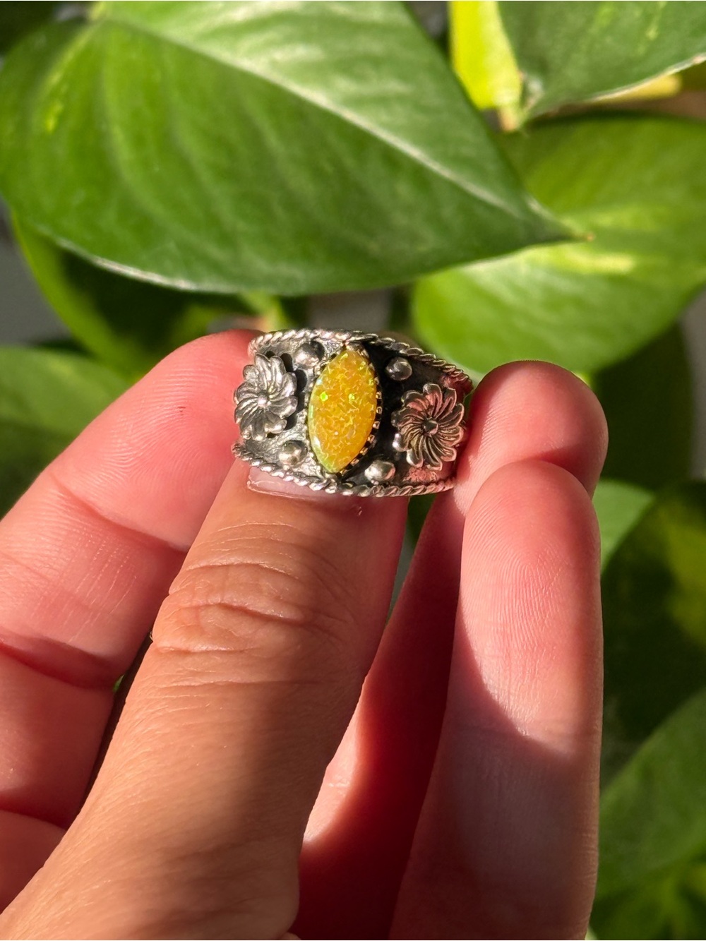 Yellow fire, opal, and Sterling silver ring